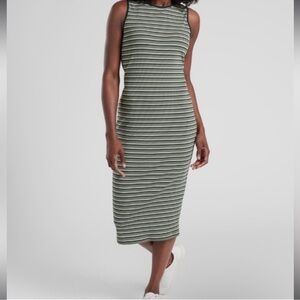 Athleta Womens Sunstream Olive Green White Sleeveless Striped Midi Dress Sz XS